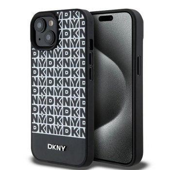 Apple iPhone 15 6.1'' DKNY Leather Printed Pattern Metal Logo MagSafe Case Cover, Black