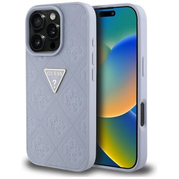 Guess iPhone 16 Pro Max vāciņš PU Grained Hot Stamp 4G Triangle Metal, violets