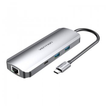 USB-C dokstacija ar HDMI, USB-C, 2x USB3.0, RJ45, SD, TF, TRRS 3,5 mm, PD 0,15 m Vention TOMHB (pelēks) | Docking...