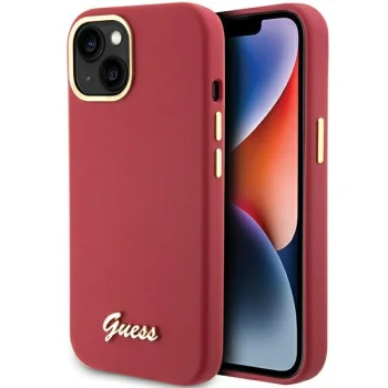 Guess iPhone 15 vāciņš Silicone Script Metal Logo & Frame, sarkans