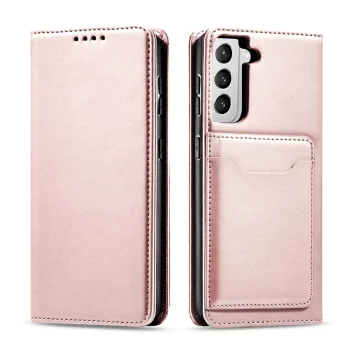 Atverams vāciņš Samsung Galaxy S22+ ar karšu nodalījumiem un statīvu, rozā
