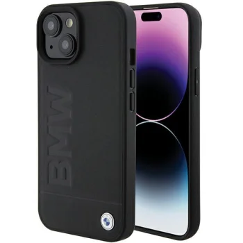 BMW iPhone 15 Plus vāciņš Leather Hot Stamp MagSafe, melns