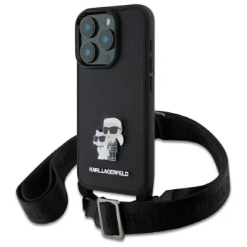 Apple iPhone 16 Pro 6.3'' Karl Lagerfeld Saffiano Karl&Choupette Metal Pin CBDY Strap Case Cover, Black | Telefona...
