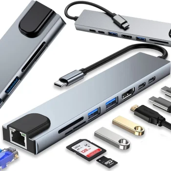 8-in-1 USB-C Hubs Adapteris (2x USB-C, Thunderbolt 3, 2x USB-A, HDMI 4K, SD/TF, RJ45)