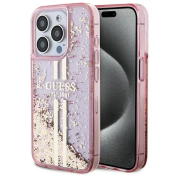 Чехол Guess для iPhone 15 Pro Liquid Glitter Gold Stripes, розовый