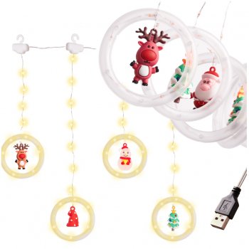Ziemassvētku Virtene Aizkars uz Stieples ar Figūriņām 125 LED Lampiņas USB, 3 m, Silti Baltas | Christmas Wire...
