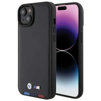 BMW iPhone 15 Plus vāciņš Leather Stamp Tricolor, melns