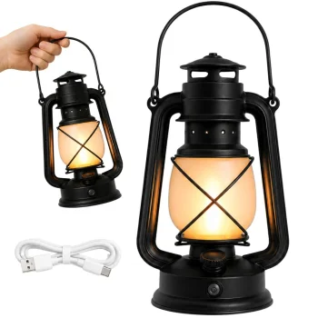 Кемпинговый ретро LED фонарь с эффектом пламени, USB, Черный