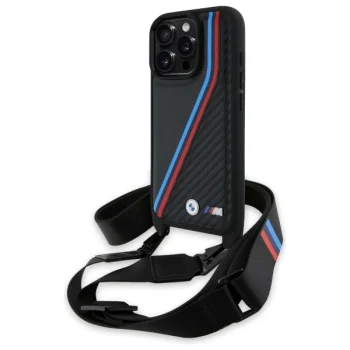 Чехол BMW для iPhone 16 Pro M Edition Carbon Tricolor Lines & Strap, черный