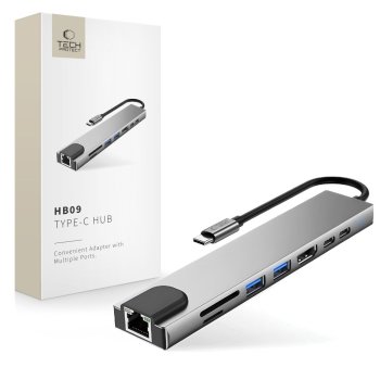 Концентратор Tech-Protect HB09 8-in-1 USB-C (HDMI, PD 100W, RJ45) - Серый