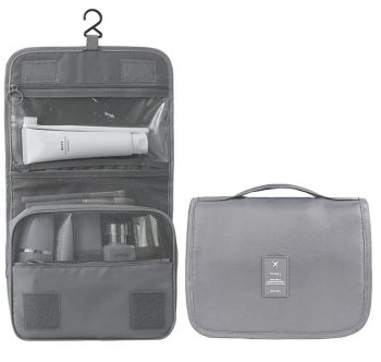Travel toiletry bag with roll-up design, grey