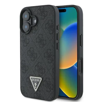Guess Ādas 4G Triangle Strass MagSafe futrālis iPhone 16 Plus - melns | Leather case for black