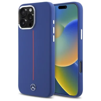 Чехол Mercedes для iPhone 16 Pro Max Silicone Red Stripe MagSafe, темно-синий