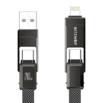 BlitzWolf BW-HDC7 4-in-1 USB, USB-C un Lightning kabelis 240W 1.2m, melns
