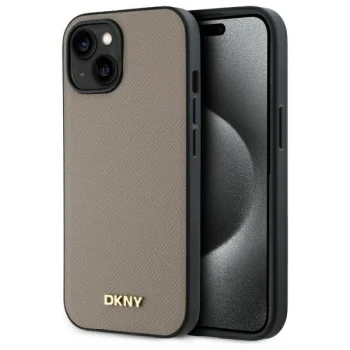 DKNY Grained Metal Logo MagSafe vāciņš iPhone 15 - Bēšs