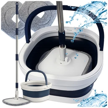 360° Flat Spin Mop with Collapsible Bucket and 2 Microfiber Pads
