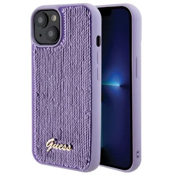Guess iPhone 15 vāciņš Sequin Script Metal, violets