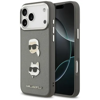 Чехол Karl Lagerfeld Grained Karl & Choupette Heads Pins для iPhone 17 Pro Max, Серый