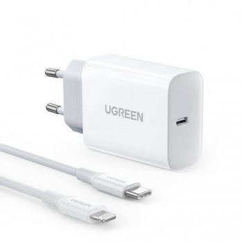 UGREEN Wall Charger 20W USB Type C + Charging Data Cable, White | Uzlādes Ierīce Lādētājs Adpaters + Lādētājvads Kabelis