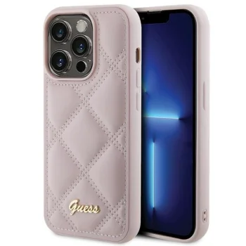 Guess iPhone 15 Pro Max vāciņš Quilted Metal Logo, rozā
