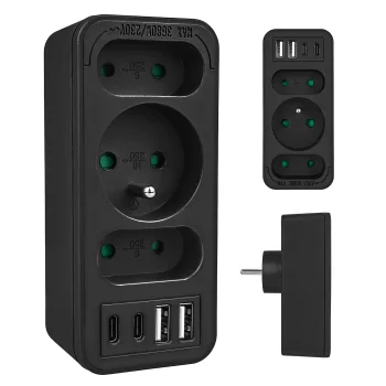 Сетевой разветвитель Maclean MCE248 F/B, 3 розетки, 2x USB-A, 2x USB-C PD 20W, черный