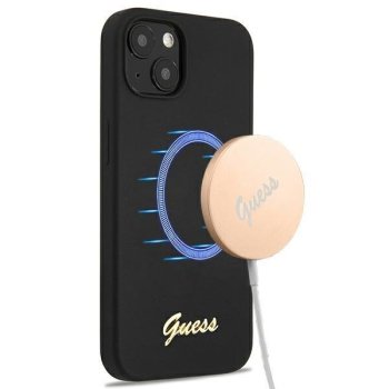 Guess iPhone 13 vāciņš Silicone Script Gold Logo Melns