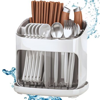 Cutlery Drainer with Draining Spout, 3-Compartment Kitchen Utensil Holder