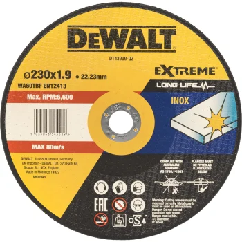 Griezējdisks DeWalt DT43909-QZ metālam un INOX, 230 x 1.9 x 22.23 mm