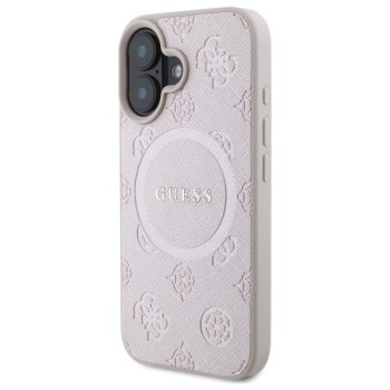 Guess Saffiano Peony Classic Logo MagSafe Case for iPhone 16, Pink
