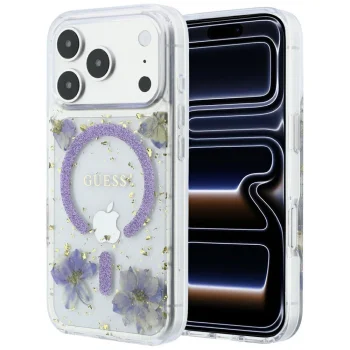 Чехол Guess Resin Flowers Glitter MagSafe для iPhone 18 Pro / 17 Pro, фиолетовый