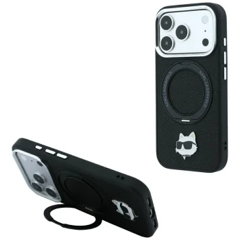 Чехол Karl Lagerfeld Ring Stand 360 Choupette Head Pin MagSafe для iPhone 18 Pro / 17 Pro, черный