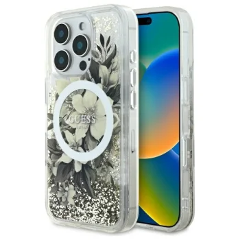 Guess iPhone 16 Pro vāciņš Liquid Glitter Flower MagSafe, bēšs