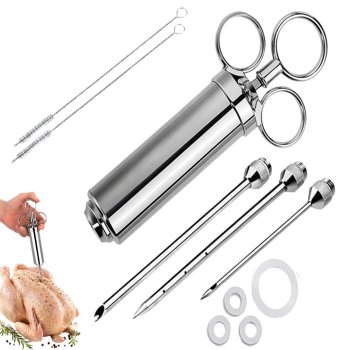 Meat Injector Syringe 60ml with 3 Needles for BBQ Marinade, Silver
