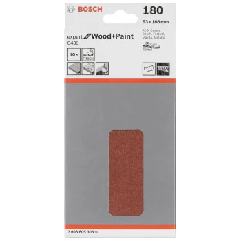 Slīppapīra loksnes Bosch C430 Wood and Paint 93x186 mm, G180, 8 caurumi, 10 gab.