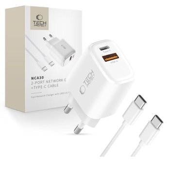 Tech-Protect NCA30 PD 30W QC3.0 USB-A / USB-C sienas lādētājs + USB-C / USB-C kabelis 100 cm – balts