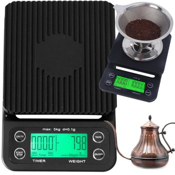 Digitālie virtuves kafijas svari ar taimeri un taru 5 kg x 0,1 g, melni