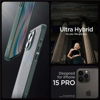 Spigen iPhone 15 Pro vāciņš Ultra Hybrid, tumši zaļš