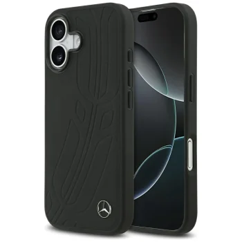 Чехол Mercedes для iPhone 17 Leather Large Laurel Leave MagSafe, черный