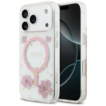 Guess Resin Flowers Glitter MagSafe vāciņš iPhone 17 Pro, rozā