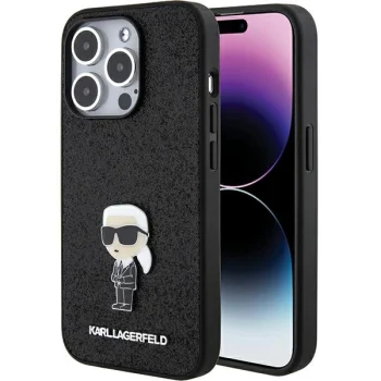 Чехол Karl Lagerfeld для iPhone 15 Pro Glitter Ikonik Logo Metal Logo, черный