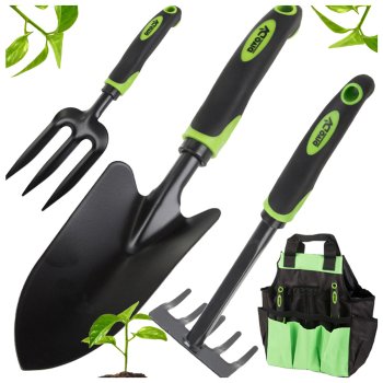 Garden Tool Set with Bag DIVO Trowel Fork Rake 3 Pcs, black-green