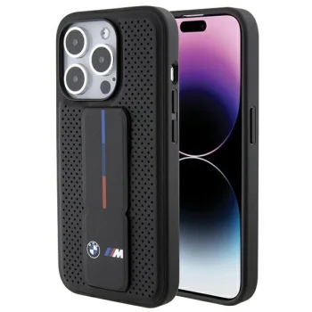 BMW Grip Stand gluds un perforēts apvalks iPhone 15 Pro Max - melns | Smooth & Perforated case for black
