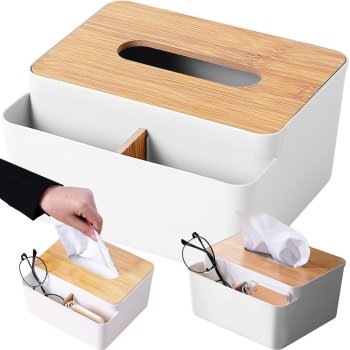 Tissue Box Holder with Organizer and Bamboo Lid