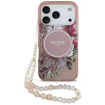Guess IML Flowers MagSafe vāciņš iPhone 17 Pro ar pērļu siksniņu — rozā | Phone Case Cover