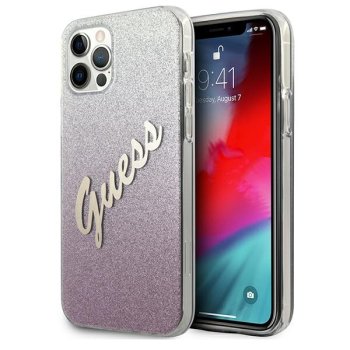 Guess iPhone 12 Pro Max vāciņš Glitter Gradient Script, rozā