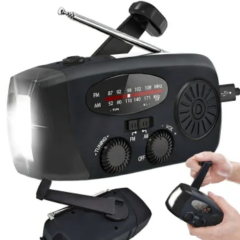 Avārijas radio ar lukturi, dinamo kloķi un saules paneli, melns