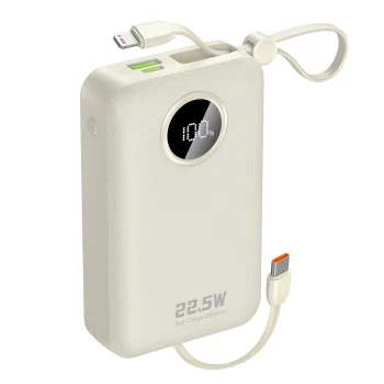 Dudao K14+ ārējais akumulators 20000mAh, 22.5W ar USB-C / Lightning kabeļiem, balts