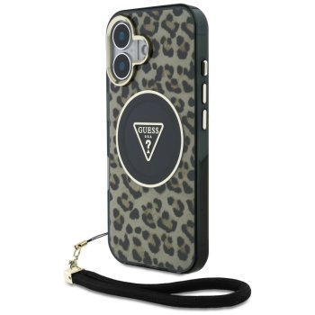 Guess HC IML Leopard Triangle Cord Strap MagSafe vāciņš iPhone 16, Brūns