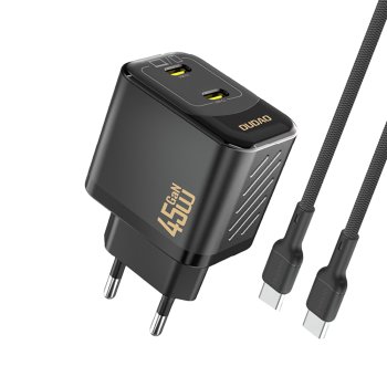 Dudao A28PCEU PD 45W GaN 2×USB‑C sienas lādētājs ar USB‑C kabeli – melns
