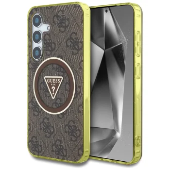 Чехол Guess 4G Glitter Triangle Buttons MagSafe для Samsung Galaxy S25, Коричневый
